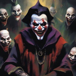 A sinister jester with a blood-stained outfit, surrounded by a gang of menacing characters