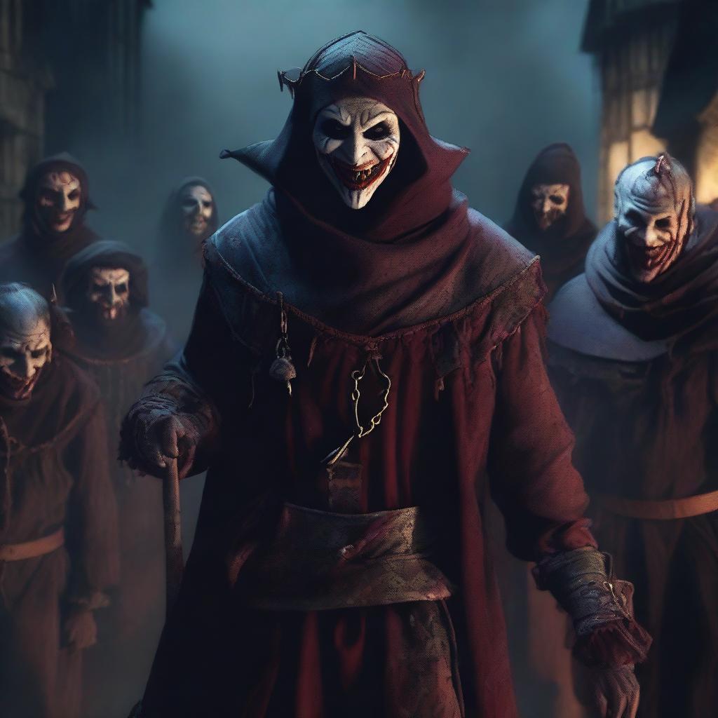 A sinister medieval jester with a blood-stained outfit, surrounded by a gang of menacing characters