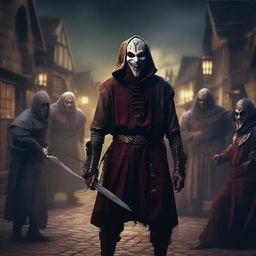 A sinister medieval jester with a blood-stained outfit, surrounded by a gang of menacing characters