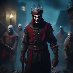 A sinister medieval jester with a blood-stained outfit, surrounded by a gang of menacing characters