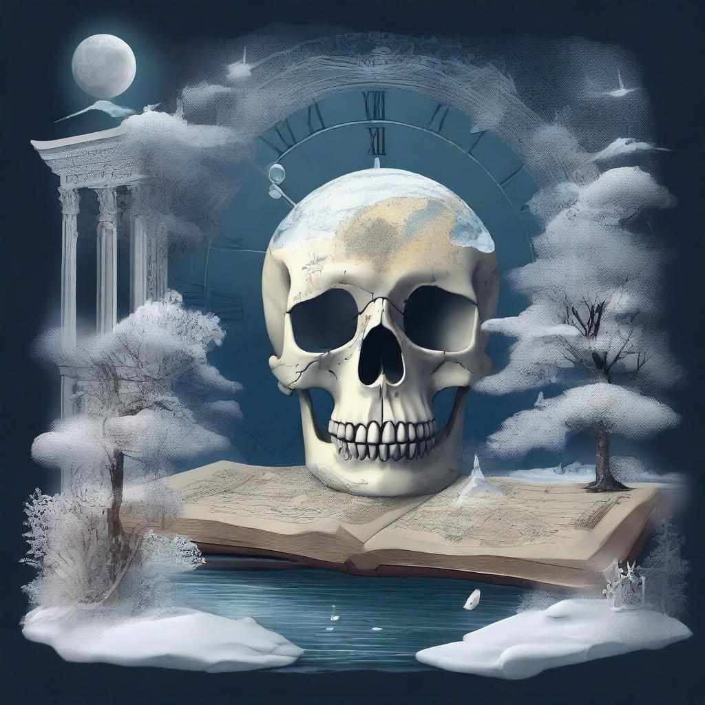 A detailed and artistic composition featuring a map, a clock, snow, shards of glass, crystals, a forest, the moon, a skull, music notes, a river, Greek architecture, and a cigarette