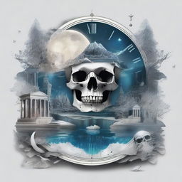 A detailed and artistic composition featuring a map, a clock, snow, shards of glass, crystals, a forest, the moon, a skull, music notes, a river, Greek architecture, and a cigarette