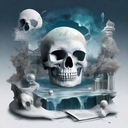 A detailed and artistic composition featuring a map, a clock, snow, shards of glass, crystals, a forest, the moon, a skull, music notes, a river, Greek architecture, and a cigarette