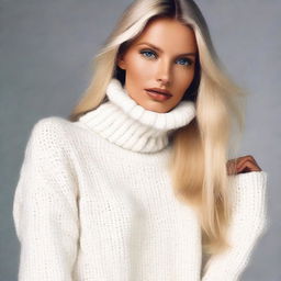 A sexy blond playboy model wearing a white turtleneck sweater with knitwear details