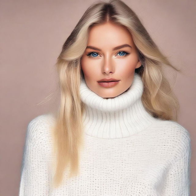 A sexy blond playboy model wearing a white turtleneck sweater with knitwear details