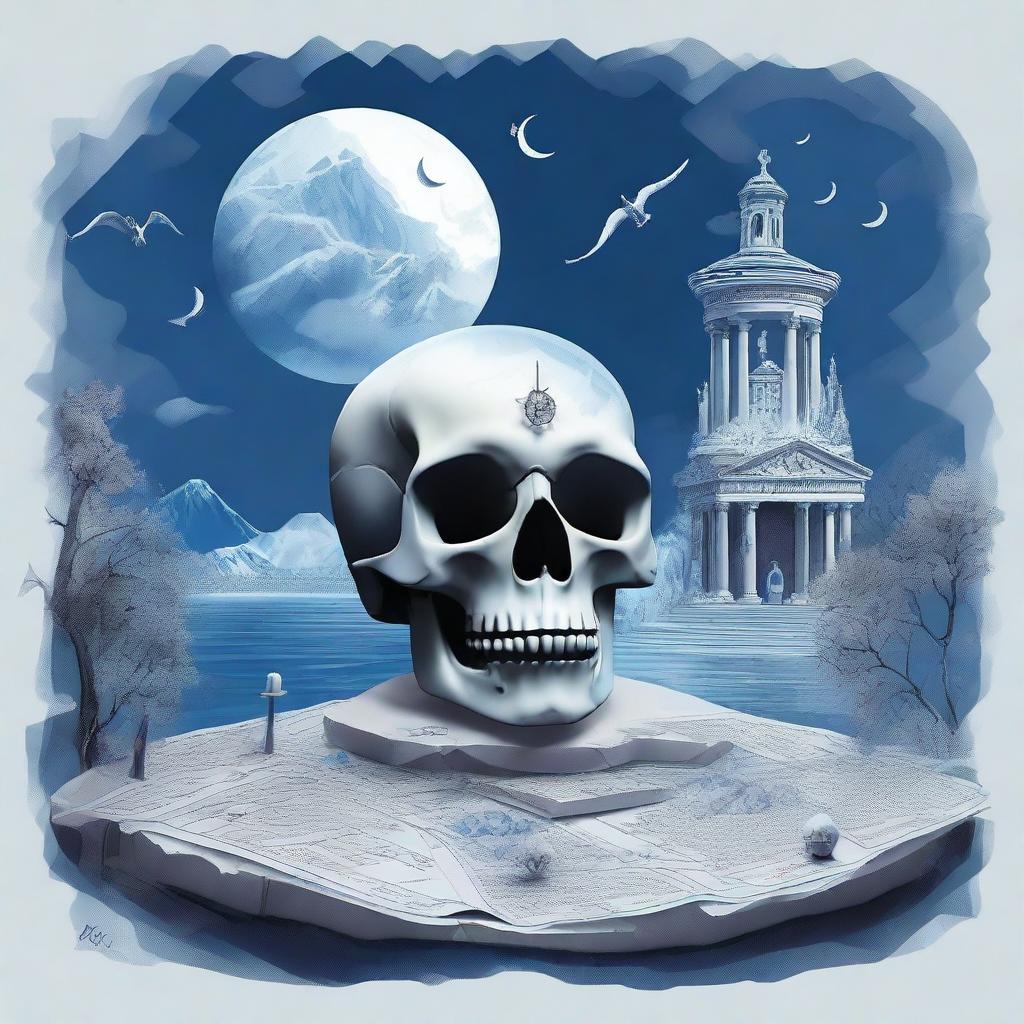 A detailed and artistic composition featuring a map, a clock, snow, shards of glass, crystals, a forest, the moon, a skull, music notes, a river, Greek architecture, and a cigarette