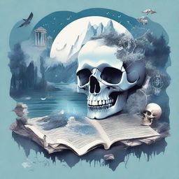 A detailed and artistic composition featuring a map, a clock, snow, shards of glass, crystals, a forest, the moon, a skull, music notes, a river, Greek architecture, and a cigarette