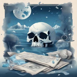 A detailed and artistic composition featuring a map, a clock, snow, shards of glass, crystals, a forest, the moon, a skull, music notes, a river, Greek architecture, and a cigarette