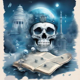 A detailed and artistic composition featuring a map, a clock, snow, shards of glass, crystals, a forest, the moon, a skull, music notes, a river, Greek architecture, and a cigarette