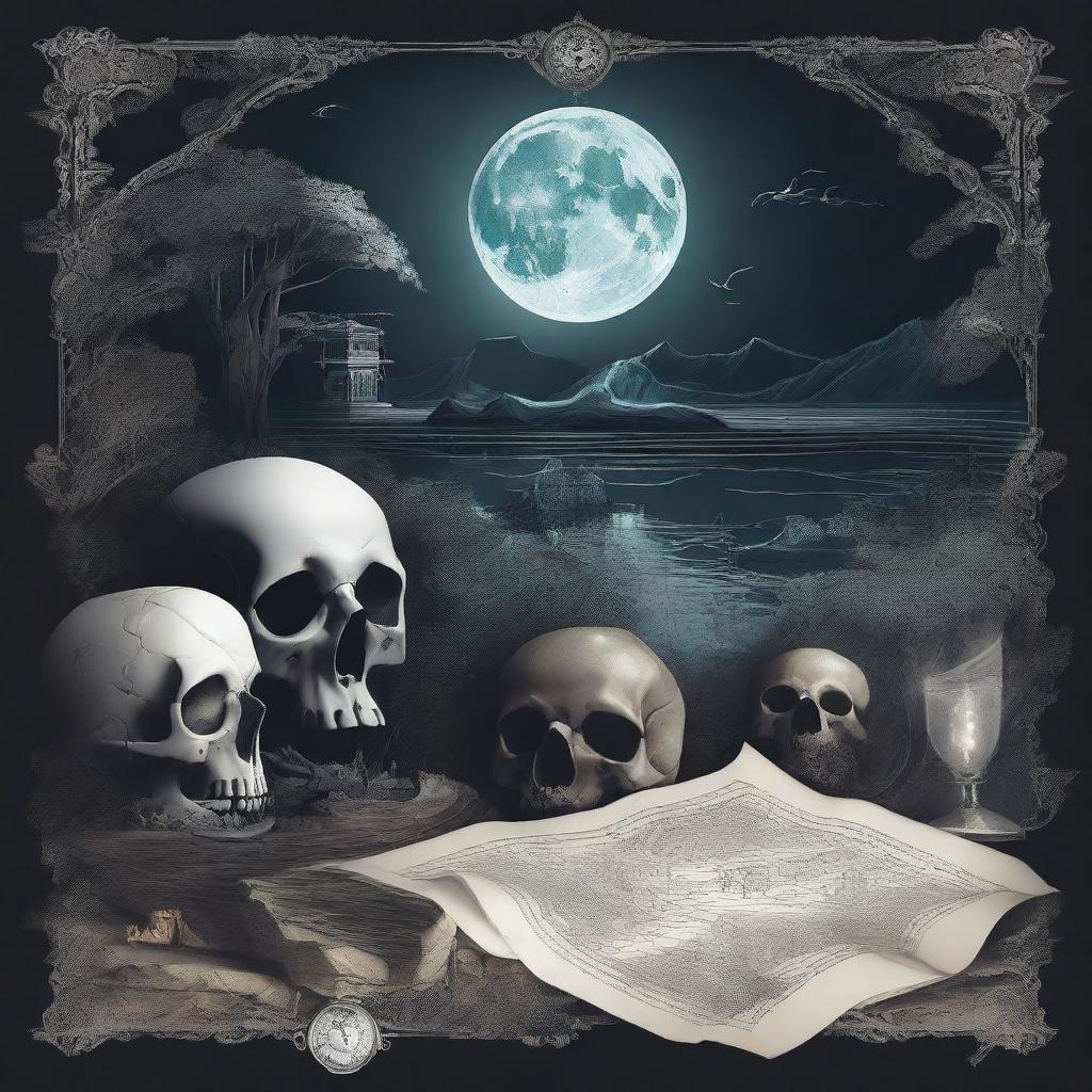 A detailed and artistic composition in the style of dark academia, featuring a map, a clock, snow, shards of glass, crystals, a forest, the moon, a skull, music notes, a river, Greek architecture, and a cigarette