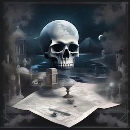 A detailed and artistic composition in the style of dark academia, featuring a map, a clock, snow, shards of glass, crystals, a forest, the moon, a skull, music notes, a river, Greek architecture, and a cigarette