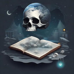 A detailed and artistic composition in the style of dark academia, featuring a map, a clock, snow, shards of glass, crystals, a forest, the moon, a skull, music notes, a river, Greek architecture, and a cigarette