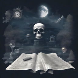 A detailed and artistic composition in the style of dark academia, featuring a map, a clock, snow, shards of glass, crystals, a forest, the moon, a skull, music notes, a river, Greek architecture, and a cigarette