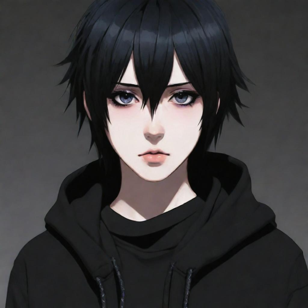 Generate an anime character following an emo aesthetic with dark clothing, expressive eyes, and a moody demeanor.