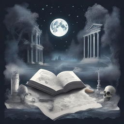 A detailed and artistic composition in the style of dark academia, featuring a map, a clock, snow, shards of glass, crystals, a forest, the moon, a skeleton, music notes, a river, Greek architecture, and a cigarette