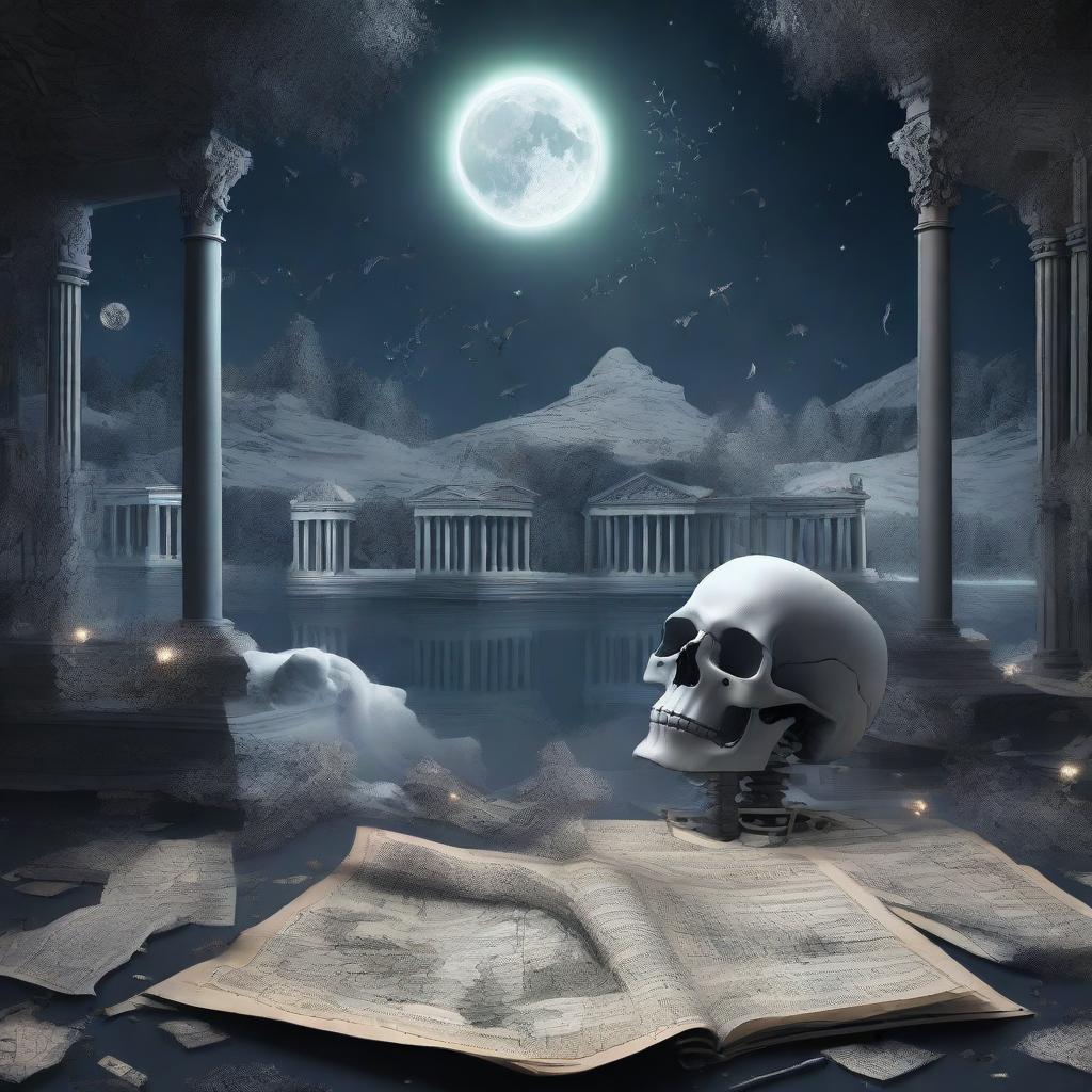 A detailed and artistic composition in the style of dark academia, featuring a map, a clock, snow, shards of glass, crystals, a forest, the moon, a skeleton, music notes, a river, Greek architecture, and a cigarette