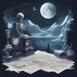 A detailed and artistic composition in the style of dark academia, featuring a map, a clock, snow, shards of glass, crystals, a forest, the moon, a skeleton, music notes, a river, Greek architecture, and a cigarette