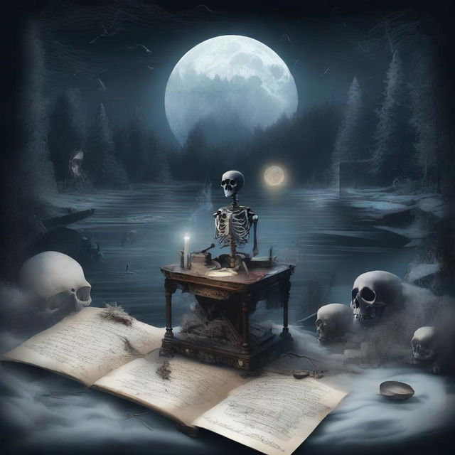 An intricate and artistic composition in the style of dark academia, featuring a map, a clock, snow, shards of glass, crystals, a forest, the moon, a skeleton, music notes, a river, a cigarette, and smoke