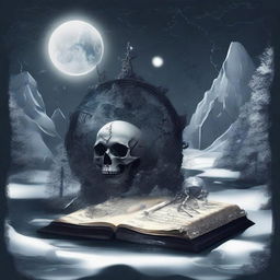 An intricate and artistic composition in the style of dark academia, featuring a map, a clock, snow, shards of glass, crystals, a forest, the moon, a skeleton, music notes, a river, a cigarette, and smoke