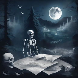 An intricate and artistic composition in the style of dark academia, featuring a map, a clock, snow, shards of glass, crystals, a forest, the moon, a skeleton, music notes, a river, a cigarette, and smoke