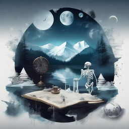 An intricate and artistic composition featuring a map, a clock, snow, shards of glass, crystals, a forest, the moon, a skeleton, music notes, a river, a cigarette, and smoke