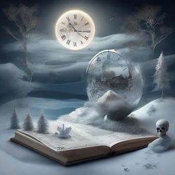 An intricate and artistic composition featuring a map, a clock, snow, shards of glass, crystals, a forest, the moon, a skeleton, music notes, a river, a cigarette, and smoke