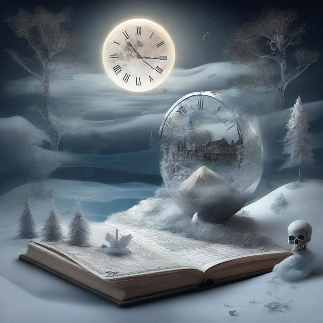 An intricate and artistic composition featuring a map, a clock, snow, shards of glass, crystals, a forest, the moon, a skeleton, music notes, a river, a cigarette, and smoke