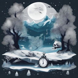 An intricate and artistic composition featuring a map, a clock, snow, shards of glass, crystals, a forest, the moon, a skeleton, music notes, a river, a cigarette, and smoke