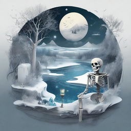 An intricate and artistic composition featuring a map, a clock, snow, shards of glass, crystals, a forest, the moon, a skeleton, music notes, a river, a cigarette, and smoke