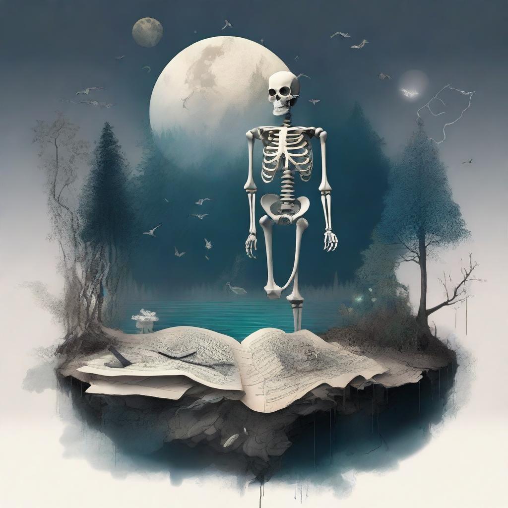 An intricate and artistic composition featuring a map, a clock, shards of glass, crystals, a forest, the moon, a skeleton, music notes, a river, a cigarette, and smoke