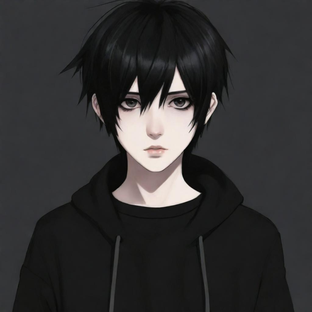 Generate an anime character following an emo aesthetic with dark clothing, expressive eyes, and a moody demeanor.