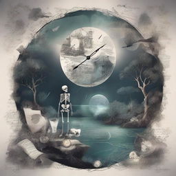 An intricate and artistic composition featuring a map, a clock, shards of glass, crystals, a forest, the moon, a skeleton, music notes, a river, a cigarette, and smoke