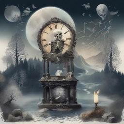 An intricate and artistic composition featuring a map, a clock, shards of glass, crystals, a forest, the moon, a skeleton, music notes, a river, a cigarette, and smoke