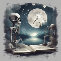 An intricate and artistic composition featuring a map, a clock, shards of glass, crystals, a forest, the moon, a skeleton, music notes, a river, a cigarette, and smoke