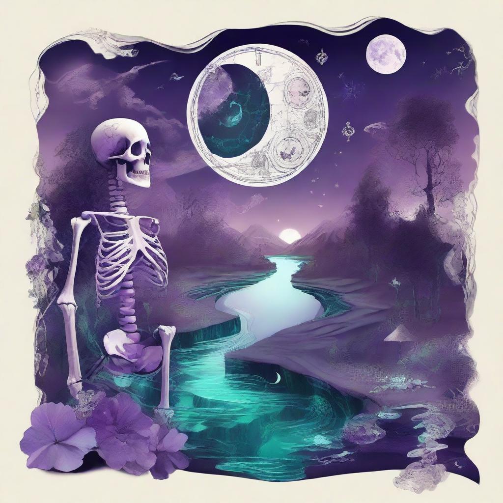 An intricate and artistic composition featuring a map, a clock, shards of glass, a forest, the moon, a skeleton, music notes, a river, a cigarette with smoke, amethyst, and opal