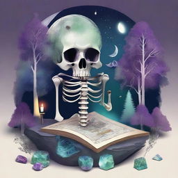 An intricate and artistic composition featuring a map, a clock, shards of glass, a forest, the moon, a skeleton, music notes, a river, a cigarette with smoke, amethyst, and opal