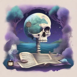 An intricate and artistic composition featuring a map, a clock, shards of glass, a forest, the moon, a skeleton, music notes, a river, a cigarette with smoke, amethyst, and opal