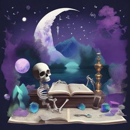 An intricate and artistic composition featuring a map, a clock, shards of glass, a forest, the moon, a skeleton, music notes, a river, a cigarette with smoke, amethyst, and opal