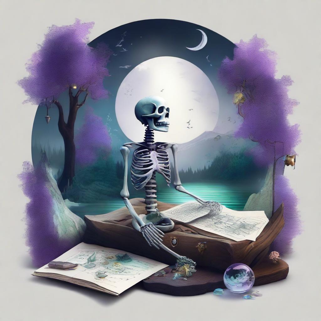 A realistic and dreamy composition featuring a map, a clock, shards of glass, a forest, the moon, a skeleton, music notes, a river, a cigarette with smoke, amethyst, and opal