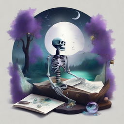 A realistic and dreamy composition featuring a map, a clock, shards of glass, a forest, the moon, a skeleton, music notes, a river, a cigarette with smoke, amethyst, and opal