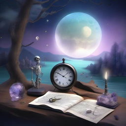 A realistic and dreamy composition featuring a map, a clock, shards of glass, a forest, the moon, a skeleton, music notes, a river, a cigarette with smoke, amethyst, and opal