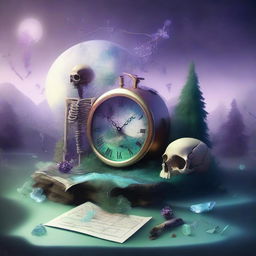 A realistic and dreamy composition featuring a map, a clock, shards of glass, a forest, the moon, a skeleton, music notes, a river, a cigarette with smoke, amethyst, and opal