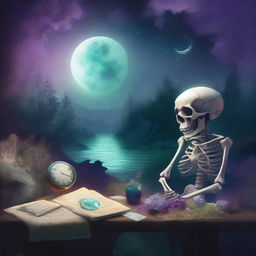 A realistic and dreamy composition featuring a map, a clock, shards of glass, a forest, the moon, a skeleton, music notes, a river, a cigarette with smoke, amethyst, and opal