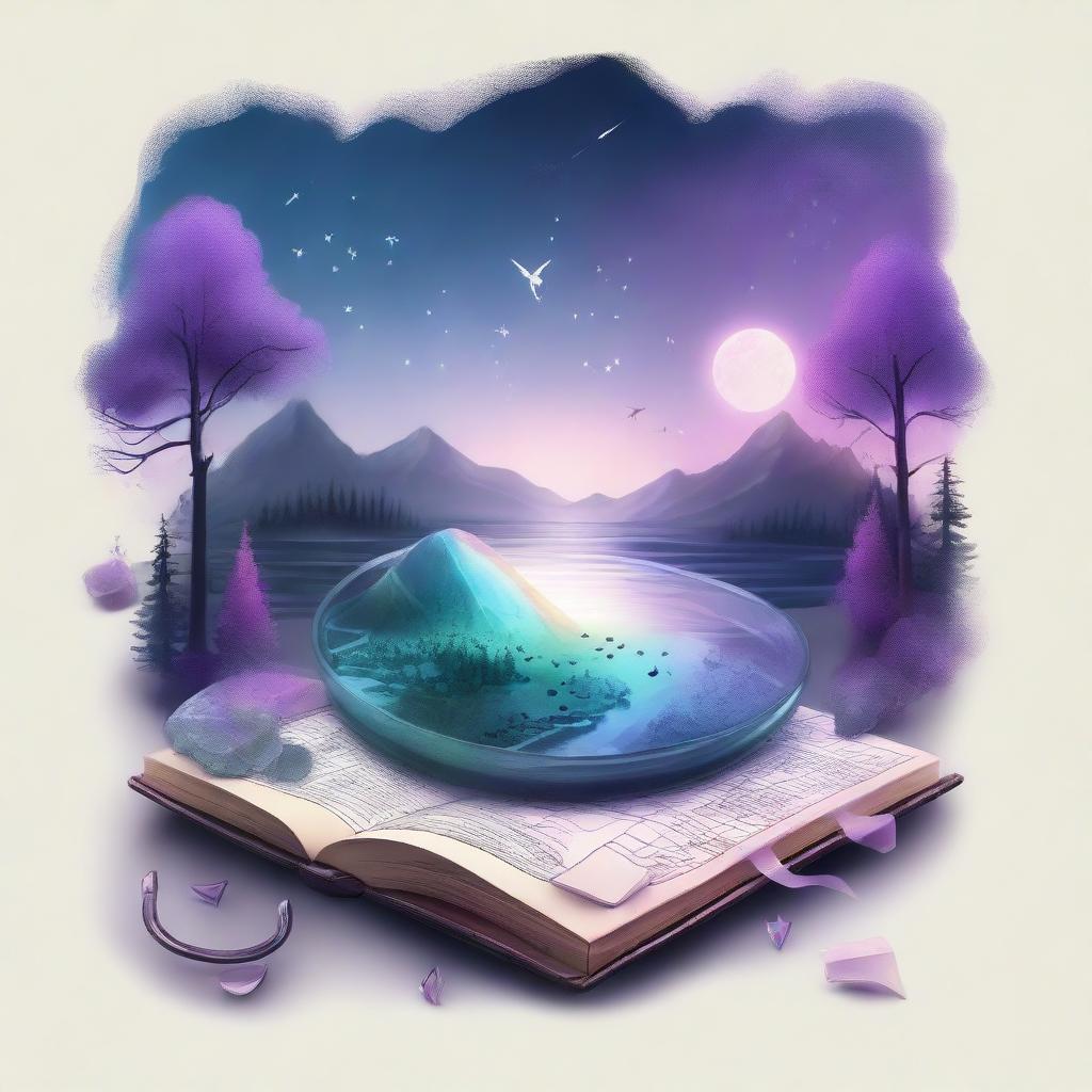 A realistic and dreamy composition featuring a map, a clock, shards of glass, a forest, the moon, music notes, a river, a cigarette with smoke, amethyst, and opal