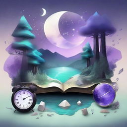 A realistic and dreamy composition featuring a map, a clock, shards of glass, a forest, the moon, music notes, a river, a cigarette with smoke, amethyst, and opal