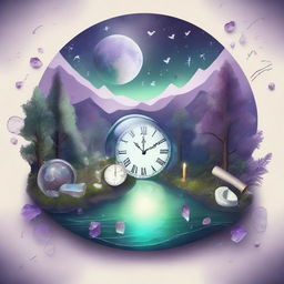 A realistic and dreamy composition featuring a map, a clock, shards of glass, a forest, the moon, music notes, a river, a cigarette with smoke, amethyst, and opal