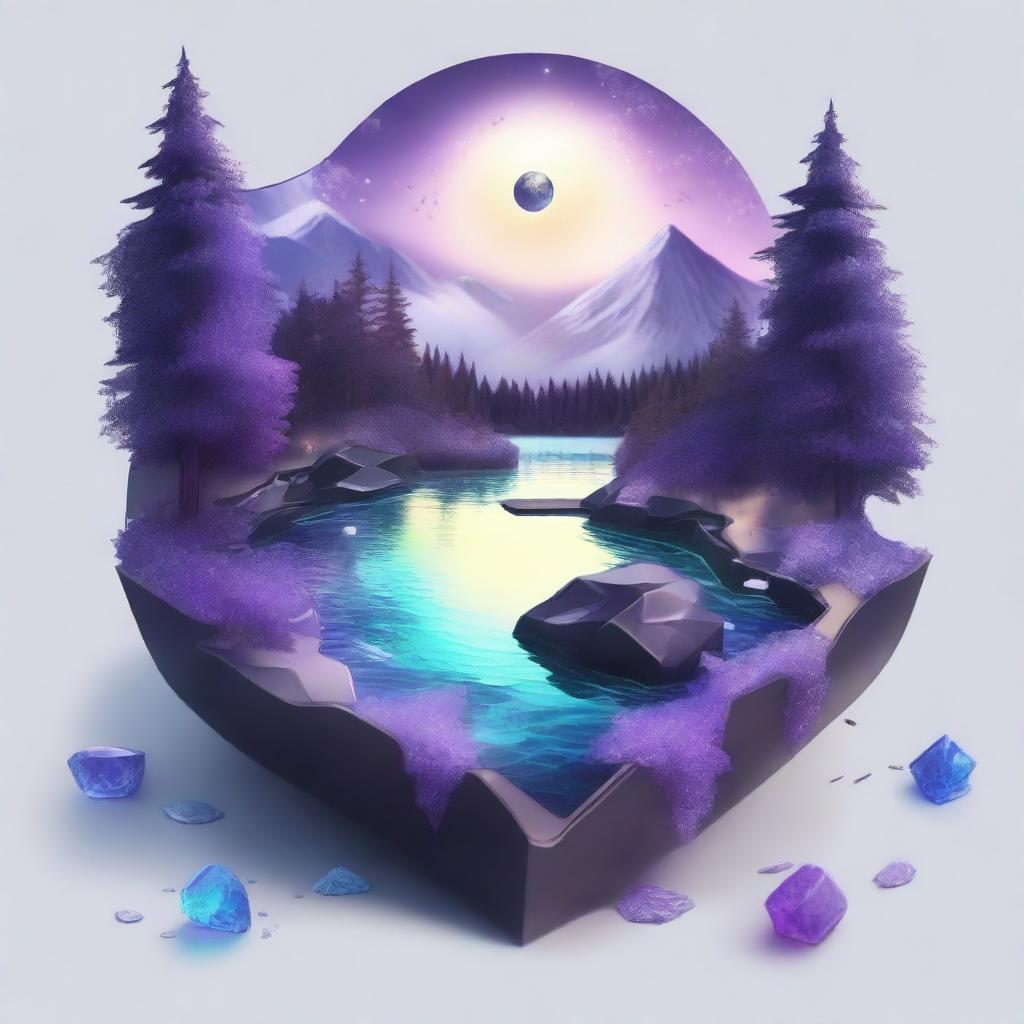 A realistic and dreamy composition featuring a map, shards of glass, a forest, the moon, a river, a cigarette with smoke, amethyst, and opal