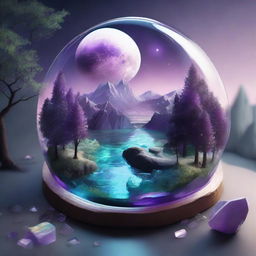 A realistic and dreamy composition featuring a map, shards of glass, a forest, the moon, a river, a cigarette with smoke, amethyst, and opal