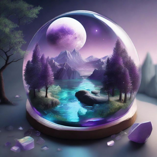 A realistic and dreamy composition featuring a map, shards of glass, a forest, the moon, a river, a cigarette with smoke, amethyst, and opal