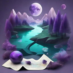 A realistic and dreamy composition featuring a map, shards of glass, a forest, the moon, a river, a cigarette with smoke, amethyst, and opal